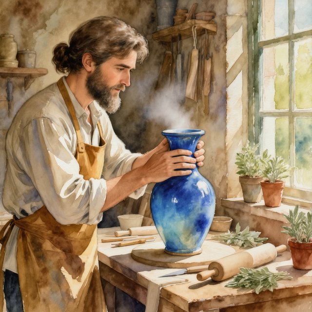 Watercolour illustration of an adult ceramicist shaping a luminous blue vessel beside an open workshop window, surrounded by clay tools, potted herbs, and sunlit terracotta walls. Palette of cobalt, ochre, sage, and cream, with soft flowing brushwork. — Kling v3 Omni