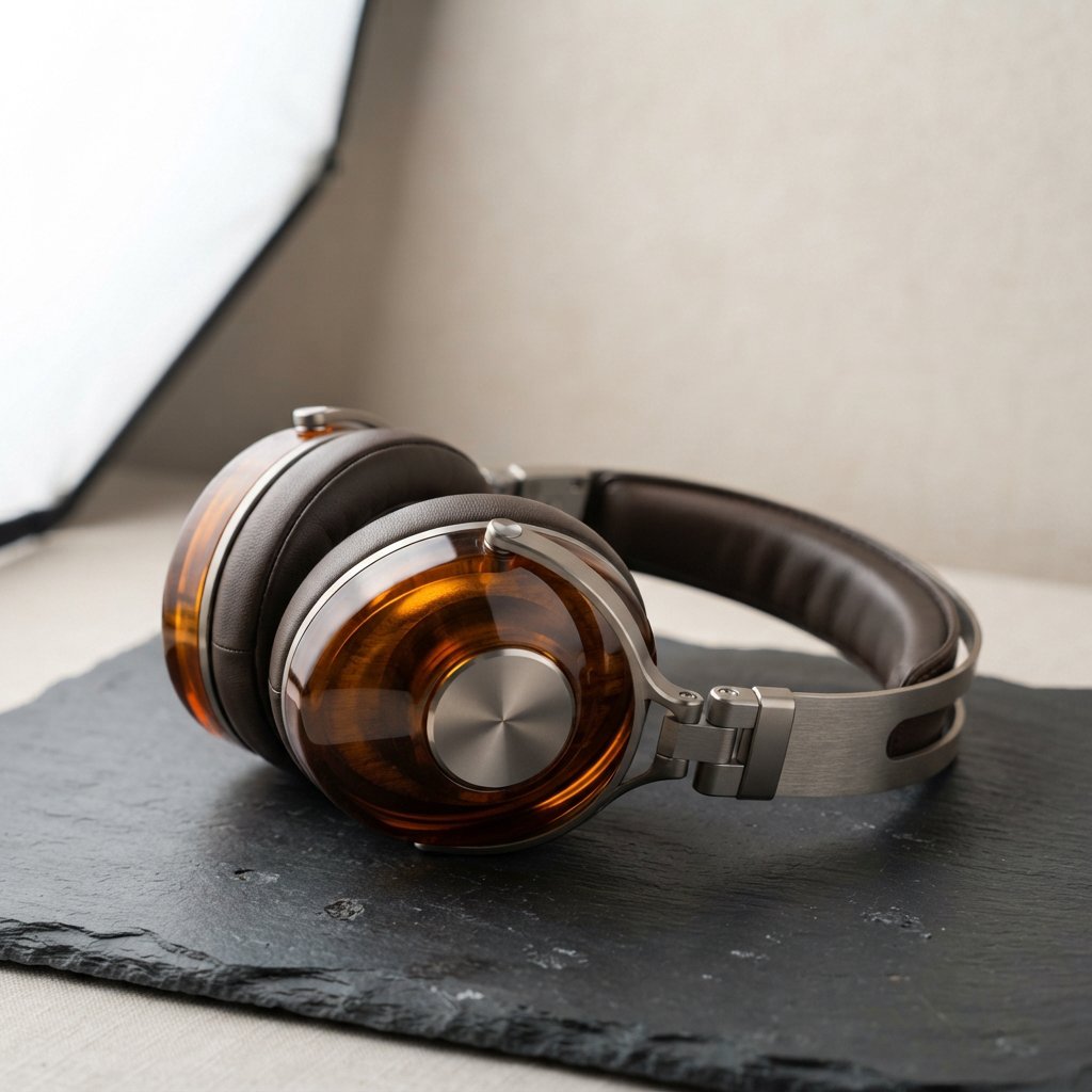 Commercial product photograph of unbranded over-ear headphones crafted from translucent amber resin and brushed titanium, resting on a dark slate surface against a muted cream background, lit by a broad diffused softbox and a delicate rim light. — Nano Banana 2 Lite