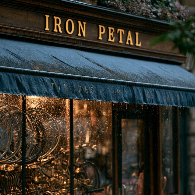 Rain beads on a bicycle repair shop’s blue awning, with wheels and brass tools visible behind the glass; “IRON PETAL” is lettered in warm yellow enamel capitals across the wooden fascia. — Midjourney V8.2