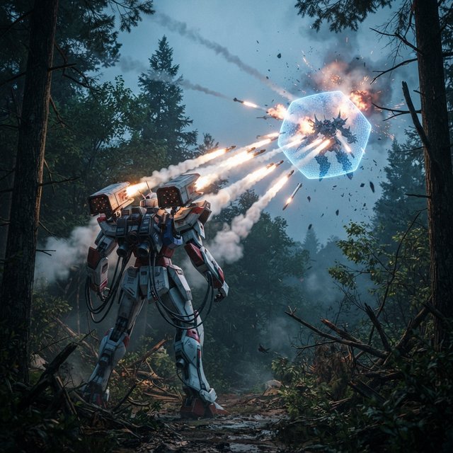 A dramatic cinematic scene of a towering 20-meter futuristic mecha standing in a dense forest, viewed from behind as the main focus. Its design is sleek, angular, and elegant, with a classic retro-futurist Japanese mecha aesthetic. Shoulder missile pods fire a volley of missiles toward an enemy mecha of a different but similarly styled design. The enemy mecha hovers in the air ahead, blocking the incoming missiles with a large arm-mounted energy shield. Dynamic action, smoke trails, forest scale, and intense battle atmosphere. — Nano Banana 2 Lite