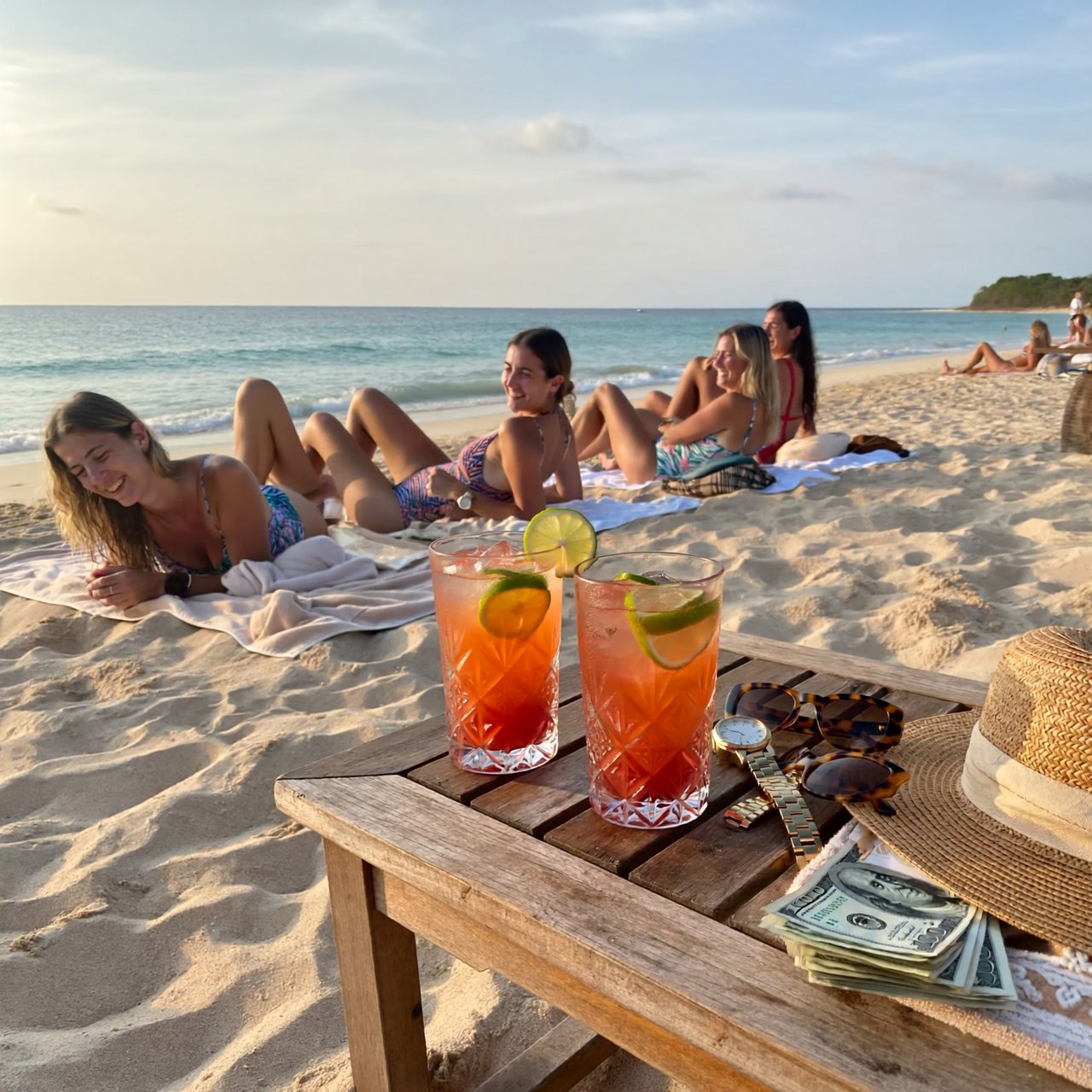 A realistic scene of women in one-piece swimsuits on the beach, with a peaceful vibe, orange and red drinks nearby, high-quality items nearby, a bit of money also nearby, and many angles. — ImagineArt 2