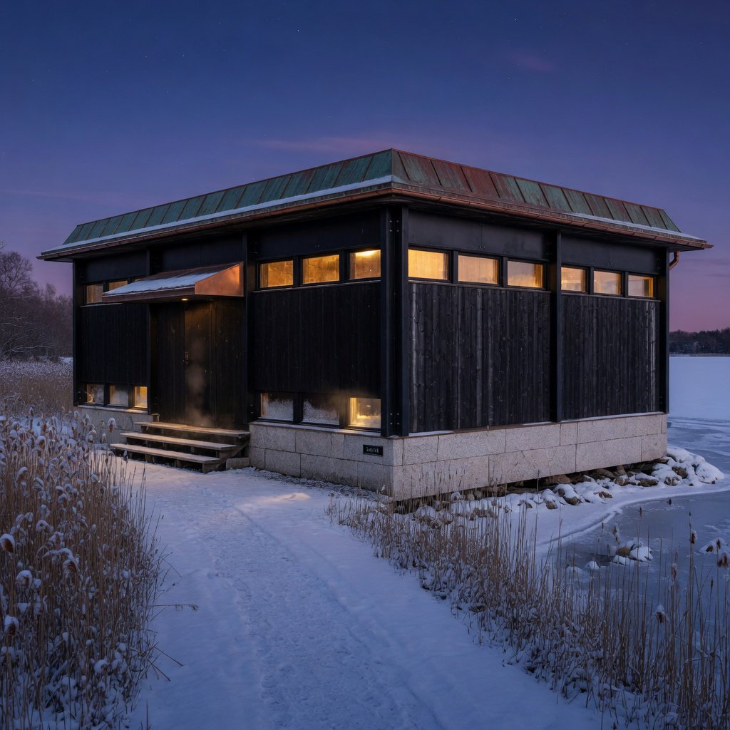 Exterior of a Scandinavian modernist lakeside sauna pavilion, blackened timber cladding, pale granite plinth, copper roof, winter blue-hour light glowing through narrow windows, viewed from a snowy reed-lined path, straight structural geometry and plausible construction. — Grok Imagine Image Quality