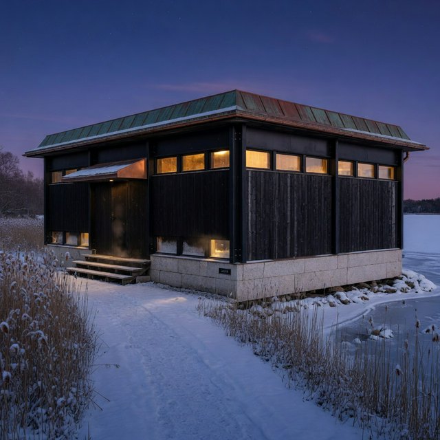 Exterior of a Scandinavian modernist lakeside sauna pavilion, blackened timber cladding, pale granite plinth, copper roof, winter blue-hour light glowing through narrow windows, viewed from a snowy reed-lined path, straight structural geometry and plausible construction. — Grok Imagine Image Quality