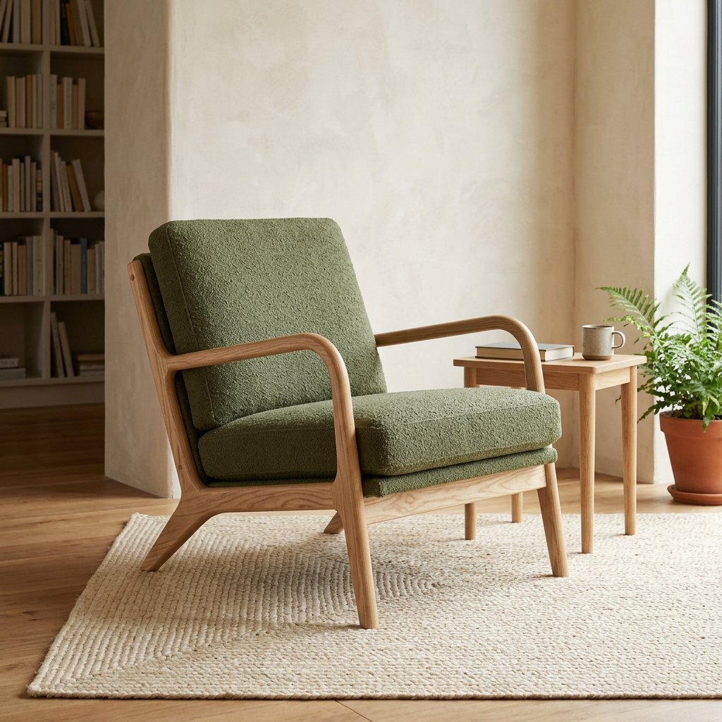 In a quiet reading-room corner, an unbranded lounge chair pairs a curved ash frame with nubby moss-green wool upholstery, set on a pale jute rug before a warm plaster wall; broad window diffusion and soft bounce shape this commercial product image, with no lettering. — Nano Banana 2.1