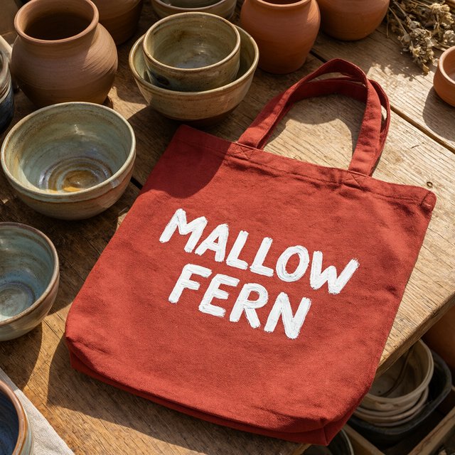 Sunlight pools over a pottery market table, where a rust-red canvas tote rests beside glazed bowls; "MALLOW FERN" is hand-painted in chunky white letters on its front, with no other legible writing. — Model 18