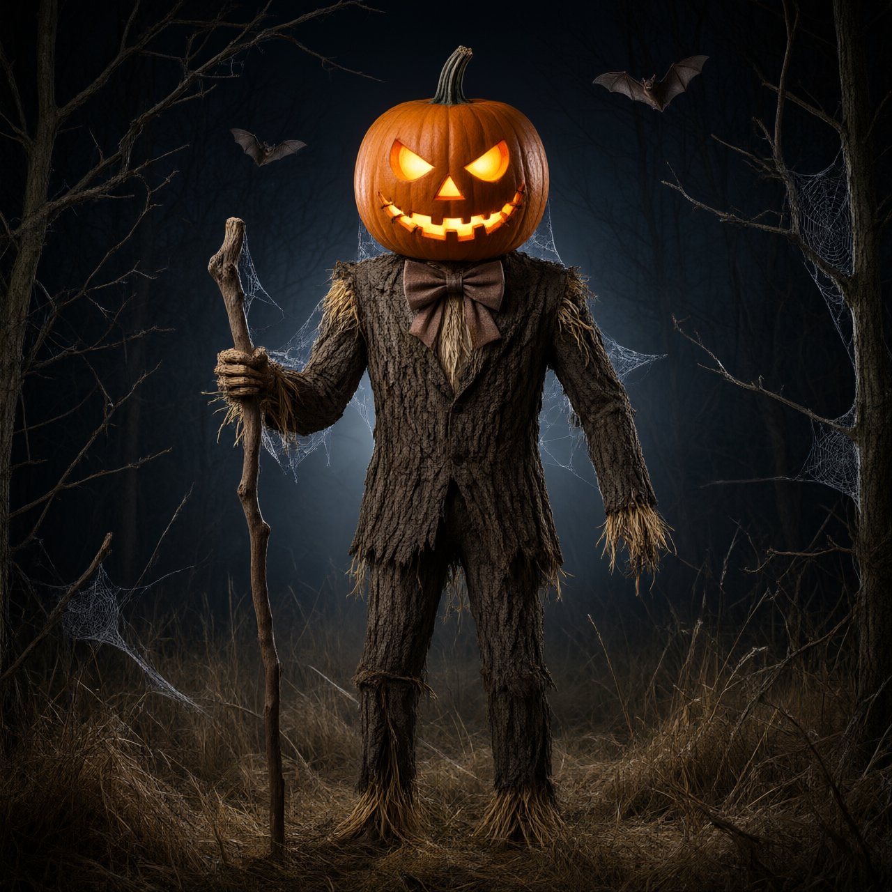 Chiaroscuro contrast, inner-lit glows, dense central detail fading into haze and velvety darkness. A pumpkin-headed scarecrow with a jack-o-lantern face, glowing eyes, stitched grin, bow tie, bark torso, and wooden staff stands in a night forest clearing with dry grass, cobwebs, bats, bare branches, — Qwen Image 3.0