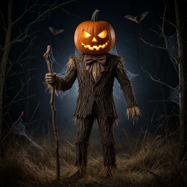 Chiaroscuro contrast, inner-lit glows, dense central detail fading into haze and velvety darkness. A pumpkin-headed scarecrow with a jack-o-lantern face, glowing eyes, stitched grin, bow tie, bark torso, and wooden staff stands in a night forest clearing with dry grass, cobwebs, bats, bare branches, — Model 16