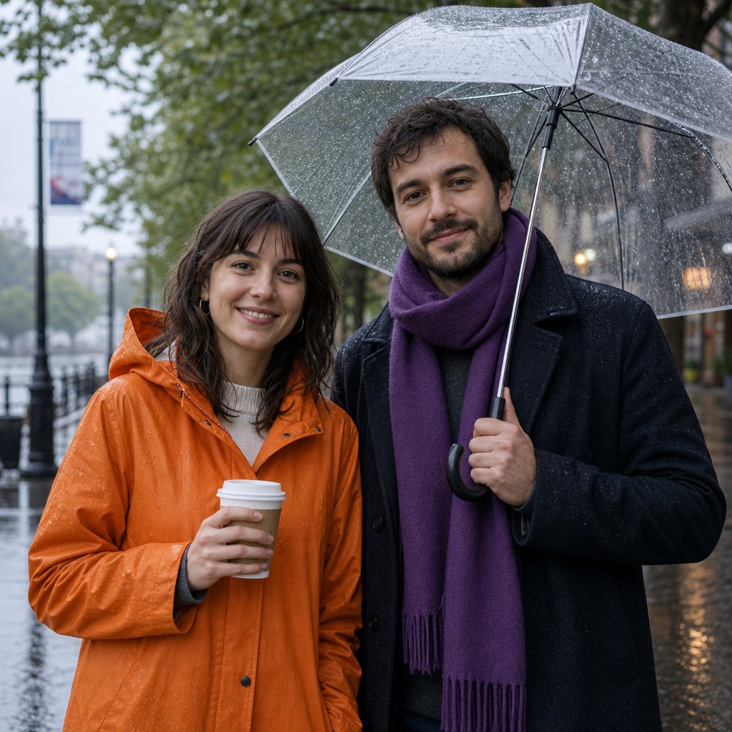 A man with a purple scarf holding a transparent umbrella, standing to the right of a woman in an orange raincoat who holds a paper cup, both facing the camera. — GPT Image 2