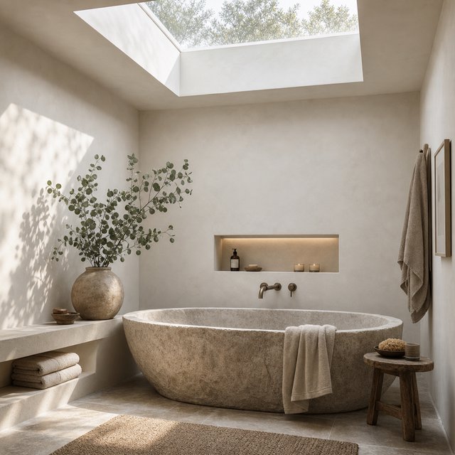 A spa bathroom with a stone tub, a skylight, plaster walls in warm white, eucalyptus in a vase, soft shadows. — GPT Image 2