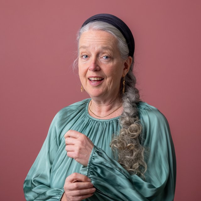 Portrait photograph of an adult woman in her early 60s wearing a softly pleated sea-green silk blouse, hands brushing its gathered sleeve fabric. Her amused, open expression stands against a matte rose backdrop, illuminated by broad, gentle studio light. — Krea 2 Large