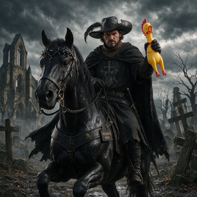 A man riding a horse, holding a screaming chicken, in dark gothic fantasy. — Model 20