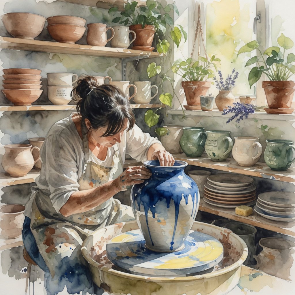 Watercolour illustration of an adult ceramicist shaping a blue-glazed vessel in a sunlit workshop, shelves of unfinished pottery and leafy plants softened by loose brushwork. Palette of terracotta, indigo, warm cream, and sage. — Grok Imagine Image Quality