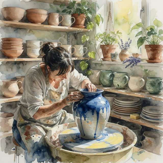 Watercolour illustration of an adult ceramicist shaping a blue-glazed vessel in a sunlit workshop, shelves of unfinished pottery and leafy plants softened by loose brushwork. Palette of terracotta, indigo, warm cream, and sage. — Grok Imagine Image Quality