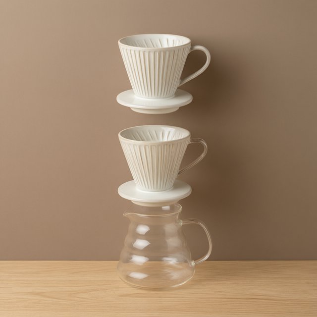 From directly overhead, an unbranded pour-over coffee set with ribbed porcelain and clear borosilicate components arranged in sequence on pale oak; warm taupe background, broad diffused softbox light and gentle side fill shape this commercial product image, no lettering. — Model 17