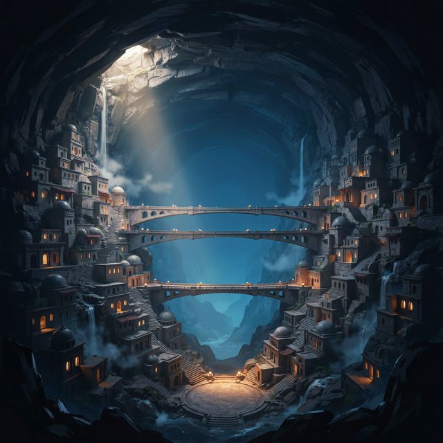 An ancient city carved inside a hollow mountain glows with windowlight, its terraced bridges spanning a blue-lit cavern while mineral mist rises around distant waterfalls and a narrow beam of sunrise reaches the deepest plaza. — Ideogram v4.5