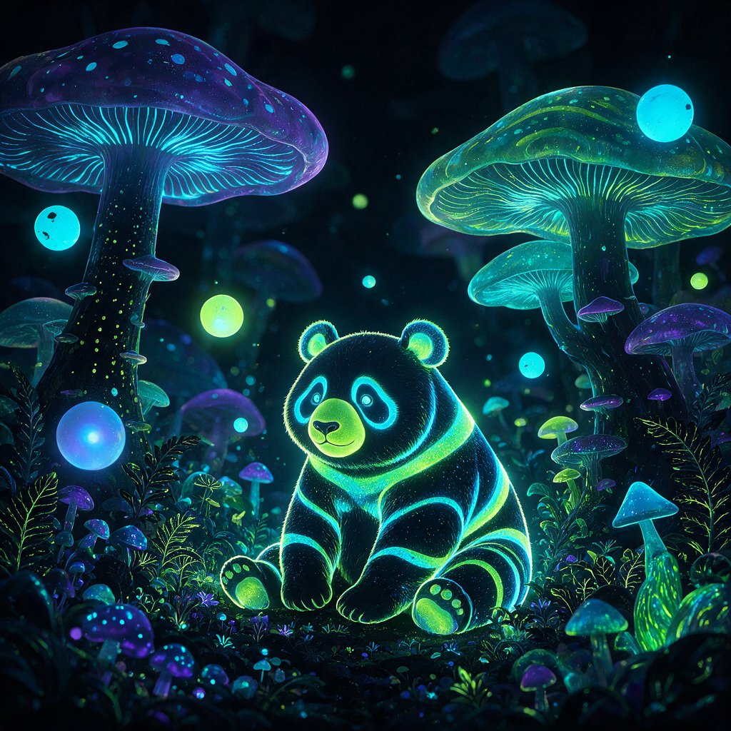 A bioluminescent panda bear, its fur patterns glowing with neon blues and vibrant greens, sits peacefully amidst a grove of luminous, alien flora. Giant, pulsing mushrooms and floating orbs of light create an otherworldly ambiance. The background fades into an inky blackness, making the glowing elements pop. Style: Sci-fi fantasy illustration with sharp, defined lines and glowing contrasts, drawing inspiration from futuristic concept art. — Seedream 5.0 Pro