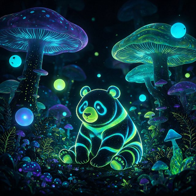 A bioluminescent panda bear, its fur patterns glowing with neon blues and vibrant greens, sits peacefully amidst a grove of luminous, alien flora. Giant, pulsing mushrooms and floating orbs of light create an otherworldly ambiance. The background fades into an inky blackness, making the glowing elements pop. Style: Sci-fi fantasy illustration with sharp, defined lines and glowing contrasts, drawing inspiration from futuristic concept art. — Seedream 5.0 Pro
