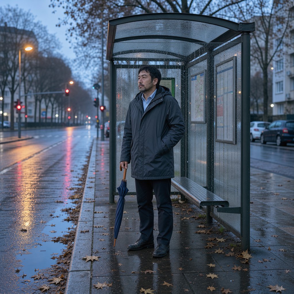 Candid documentary photograph of an adult waiting beside a city bus shelter at dawn, sodium streetlights fading into cool blue daylight, 50mm lens with shallow depth of field, fine rain droplets clinging to the shelter glass. — FLUX 3 Image