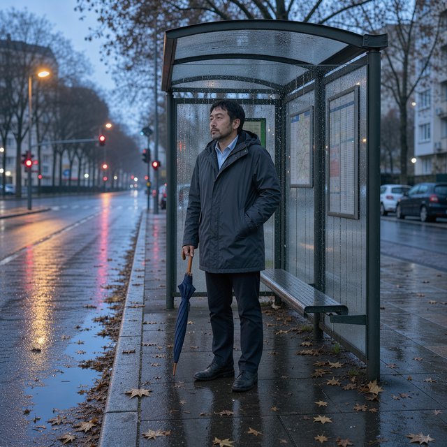 Candid documentary photograph of an adult waiting beside a city bus shelter at dawn, sodium streetlights fading into cool blue daylight, 50mm lens with shallow depth of field, fine rain droplets clinging to the shelter glass. — FLUX 3 Image