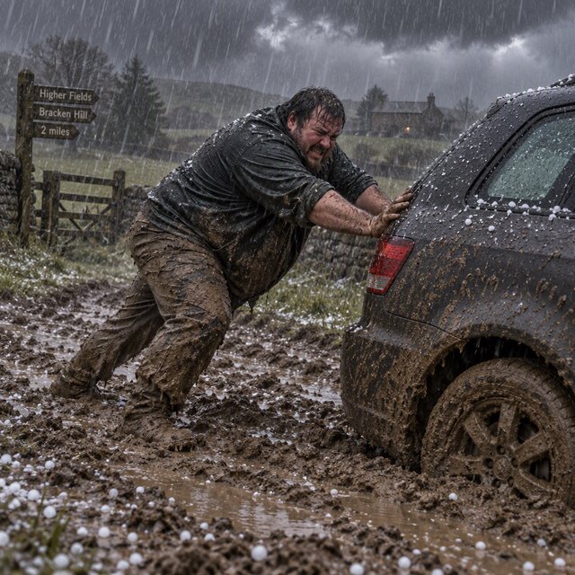 A man is pushing his car, which is stuck in the mud, amid heavy rain in the countryside. The sky is gloomy, and some hail is also falling on the car and the ground. The big man has mud all over his trousers. Show him struggling. — GPT Image 2.5 Sunburst