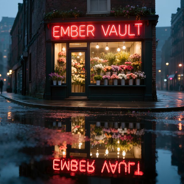 At dusk, a narrow flower shop with rain-dark brick, overflowing window boxes, and warm interior light; the invented name "EMBER VAULT" is rendered in red neon tubing above the entrance, reflected in puddles. — Kling v3