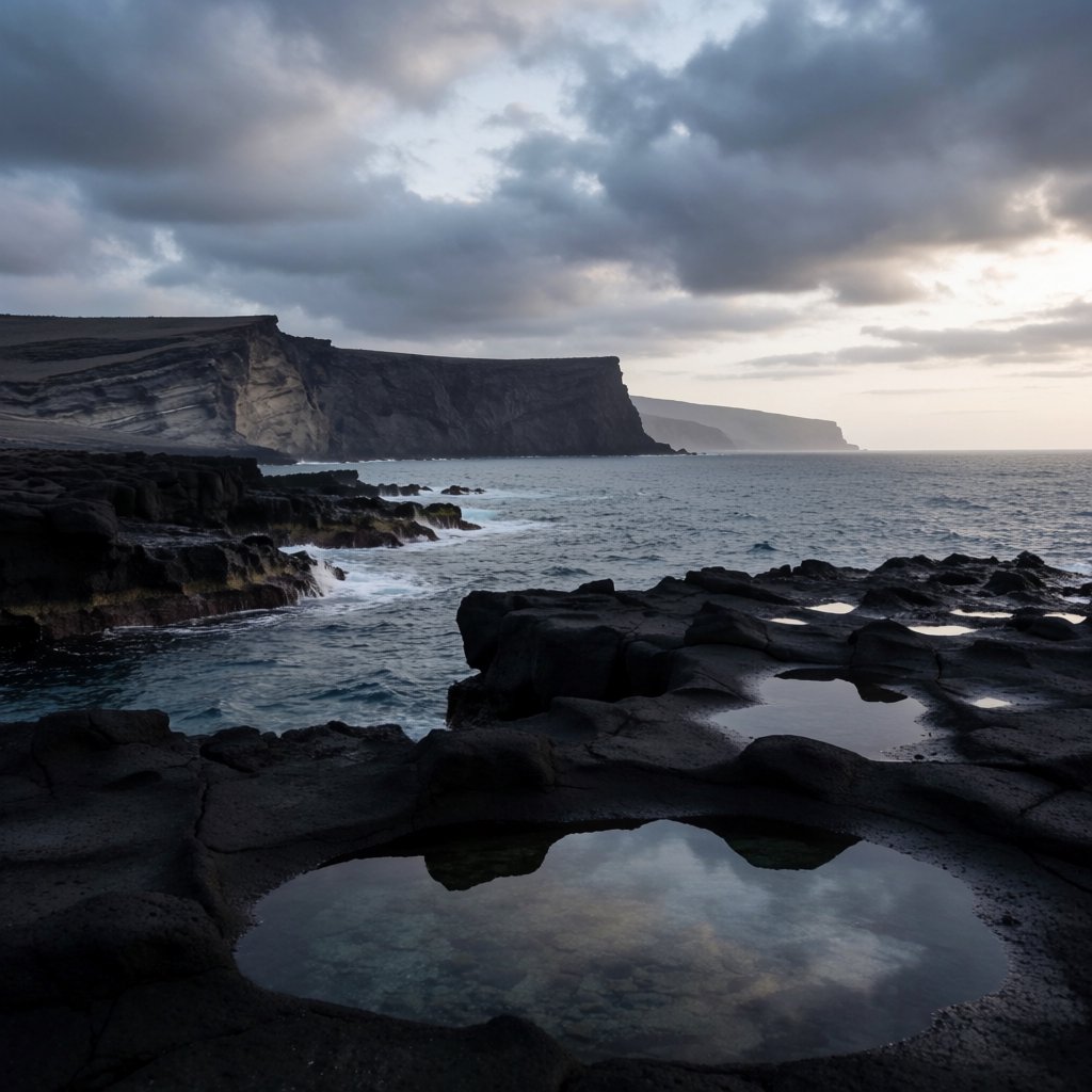 A rugged volcanic coastline under clearing storm clouds at late afternoon, black basalt shelves descending into turquoise surf, sea spray clinging to jagged rocks, tide pools reflecting distant cliffs and layered mountains fading into rain haze. — Krea 2 Medium