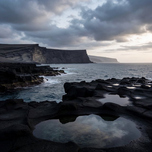 A rugged volcanic coastline under clearing storm clouds at late afternoon, black basalt shelves descending into turquoise surf, sea spray clinging to jagged rocks, tide pools reflecting distant cliffs and layered mountains fading into rain haze. — Krea 2 Medium
