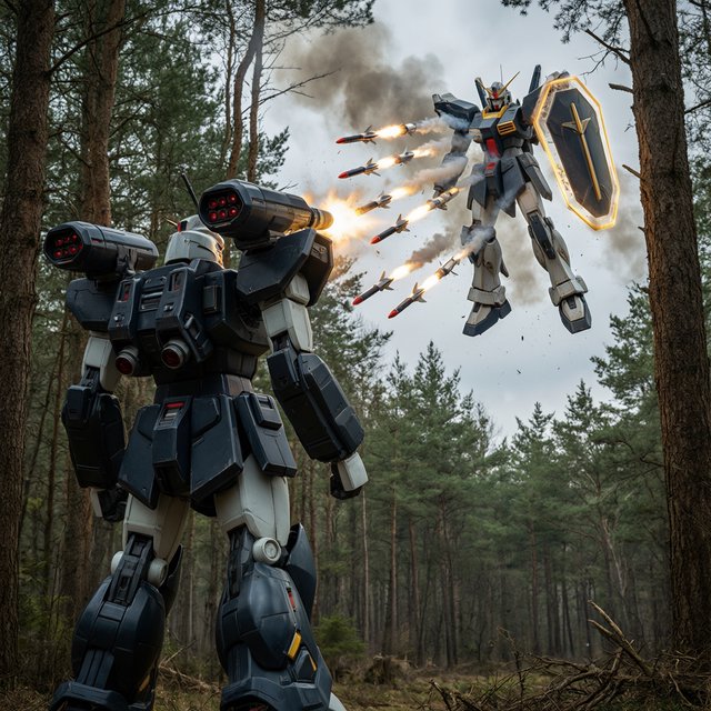 A dramatic cinematic scene of a towering 20-meter futuristic mecha standing in a dense forest, viewed from behind as the main focus. Its design is sleek, angular, and elegant, with a classic retro-futurist Japanese mecha aesthetic. Shoulder missile pods fire a volley of missiles toward an enemy mecha of a different but similarly styled design. The enemy mecha hovers in the air ahead, blocking the incoming missiles with a large arm-mounted energy shield. Dynamic action, smoke trails, forest scale, and intense battle atmosphere. — Qwen Image 3.0 Pro