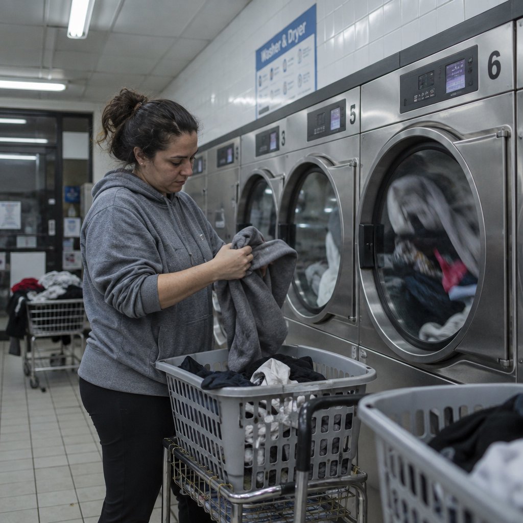 Candid documentary photograph of an adult woman sorting clothes in a self-service laundromat, cool fluorescent light, 35mm lens with moderate depth of field, loose lint suspended above a tumbling machine, worn baskets and tiled walls rendered naturally. — GPT Image 2.5 Sunburst