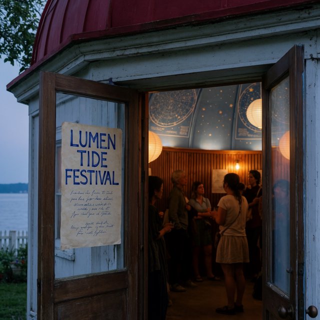 At a restored seaside observatory, a twilight meteor-watching event fills the domed hall with brass instruments, star charts, and velvet benches; "LUMEN TIDE FESTIVAL" is hand-printed in deep blue ink across a cream paper announcement beside the entrance. — Krea 2 Large