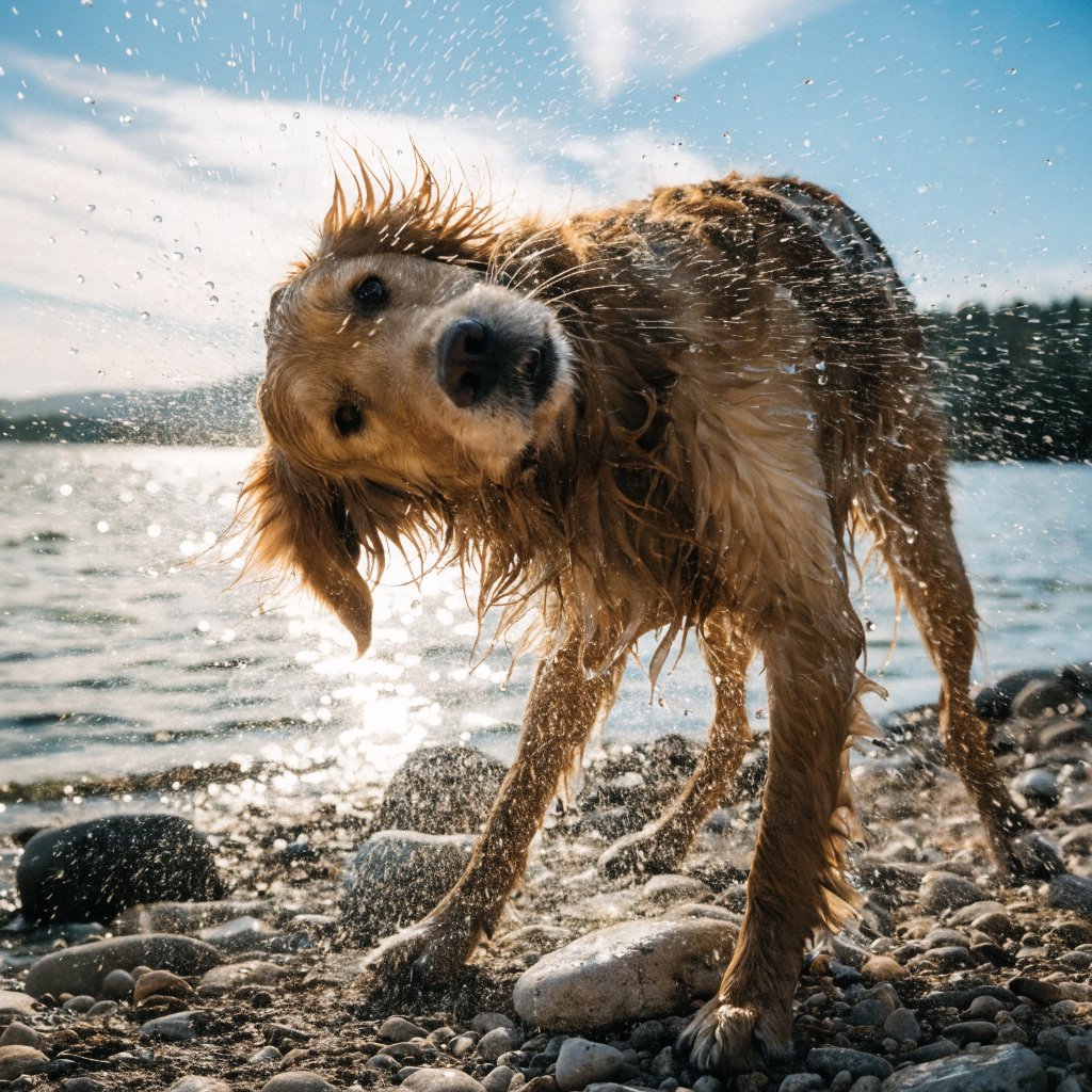 A wet golden retriever shaking off water on a lakeshore, droplets frozen mid-air, backlit by low sun, high shutter speed. — Recraft v4