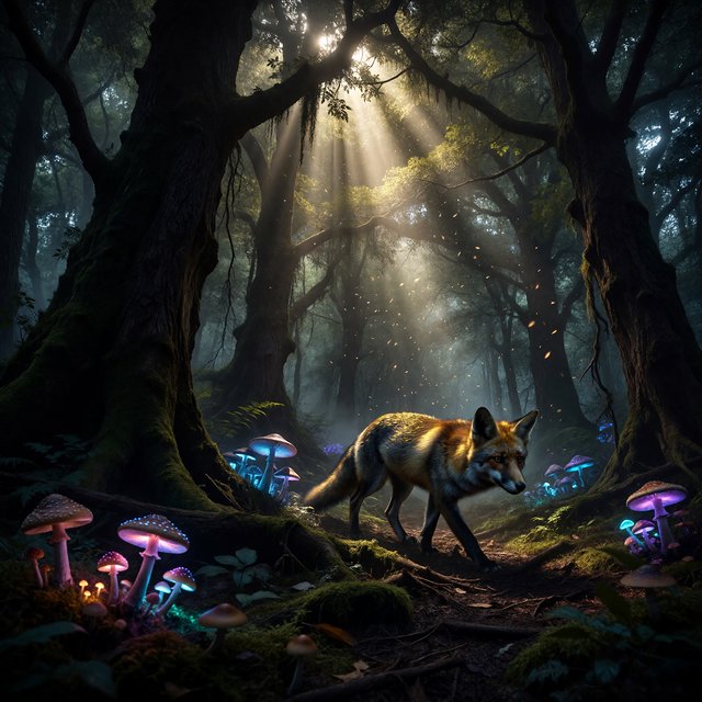 A cunning fox with fur like molten gold cautiously steps through a dense, ancient forest. Shafts of light pierce the canopy, illuminating dust motes dancing in the air. Strange, glowing mushrooms cast an otherworldly light on the moss-covered ground. The style is a blend of dark fantasy illustration and hyperrealism, with a focus on dramatic, cinematic lighting. — ImagineArt 1.5 Pro