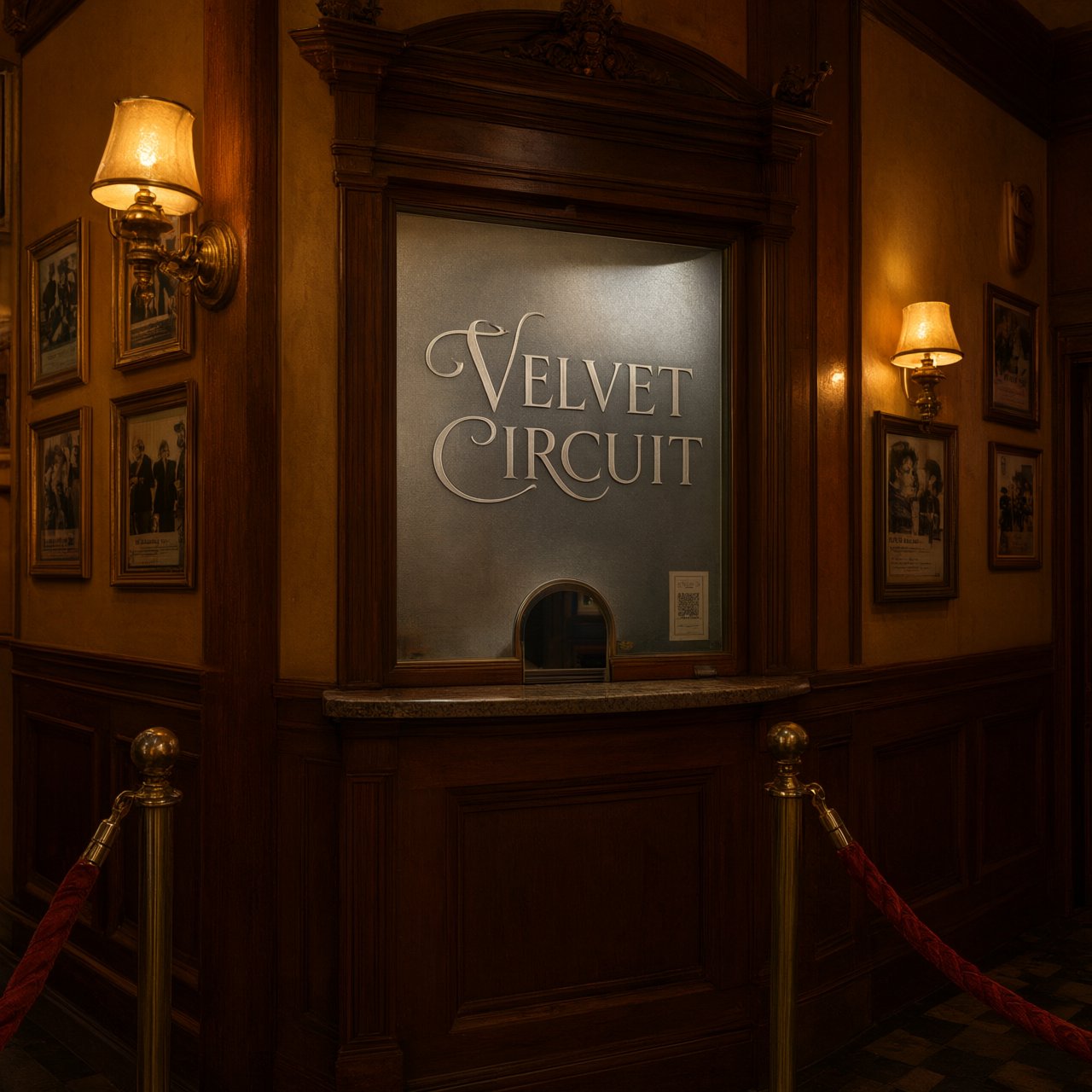 A narrow neighborhood cinema lobby glows with amber sconces, velvet ropes, and framed film stills; "VELVET CIRCUIT" is etched in elegant silver lettering across the frosted glass ticket-booth window. — Qwen Image 3.0 Pro