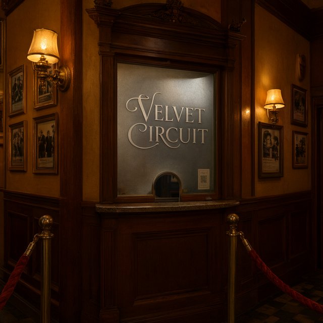A narrow neighborhood cinema lobby glows with amber sconces, velvet ropes, and framed film stills; "VELVET CIRCUIT" is etched in elegant silver lettering across the frosted glass ticket-booth window. — Qwen Image 3.0 Pro