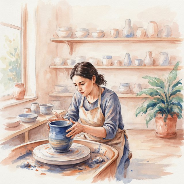 Watercolour illustration of an adult ceramicist shaping a blue-glazed vessel in a sunlit workshop, shelves of unfinished pottery and leafy plants softened by loose brushwork. Palette of terracotta, indigo, warm cream, and sage. — Ideogram v4.5