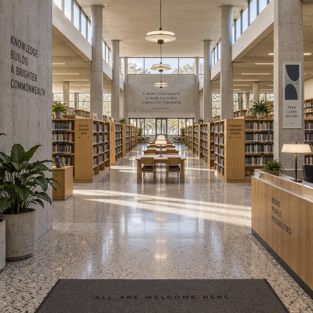 Interior of a mid-century modernist public library, with pale oak shelving, exposed concrete columns, terrazzo flooring, and a broad clerestory. Diffuse morning light crosses the reading hall, viewed from the entrance down its central aisle, with precise lines and plausible structure. — GPT Image 2.5 Sunburst