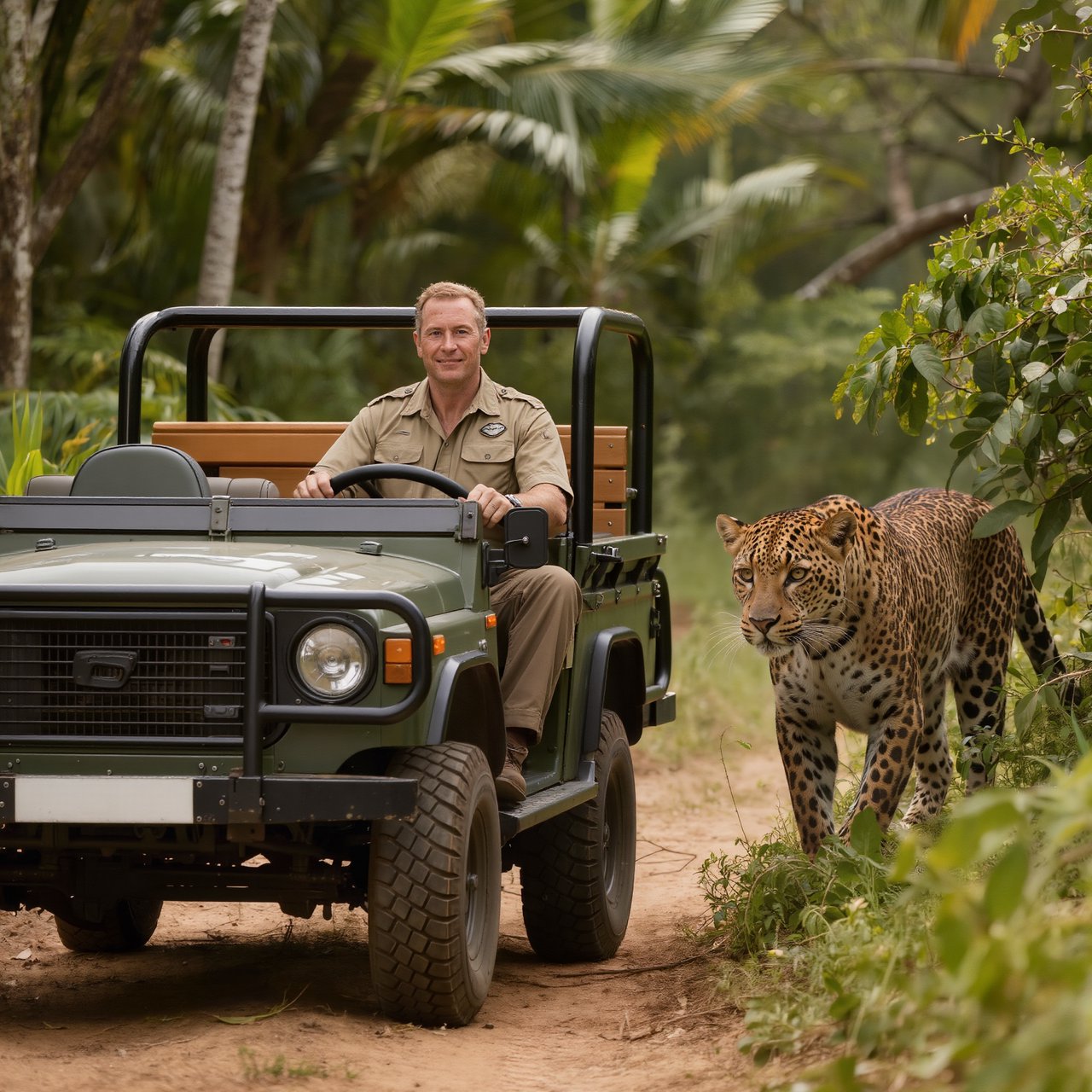 An adult on a jungle safari in his car, with a leopard lurking behind him in the bushes — Kling v3