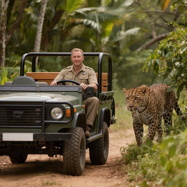 An adult on a jungle safari in his car, with a leopard lurking behind him in the bushes — Kling v3
