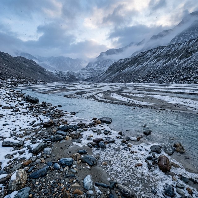 Beyond a braided glacier-fed stream, a steep moraine valley opens beneath clearing dawn snow flurries; gritty ice grains and water-polished stones sharpen the near bank, while layered ridges fade into cloud. — Model 15
