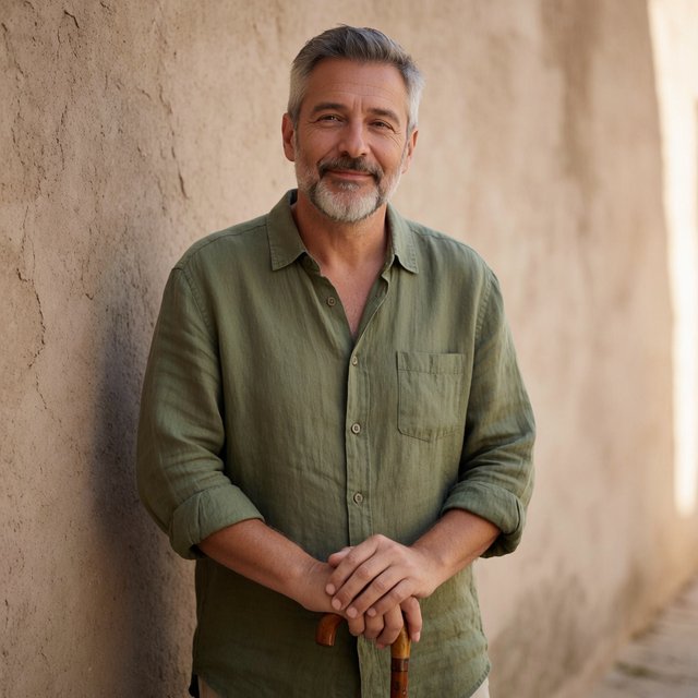 Portrait photograph of an adult man in his 40s with silver-streaked hair, wearing a textured olive linen shirt and rolled sleeves, hands resting on a wooden cane, relaxed expression, ochre plaster backdrop, soft window light from the side. — Krea 2 Medium