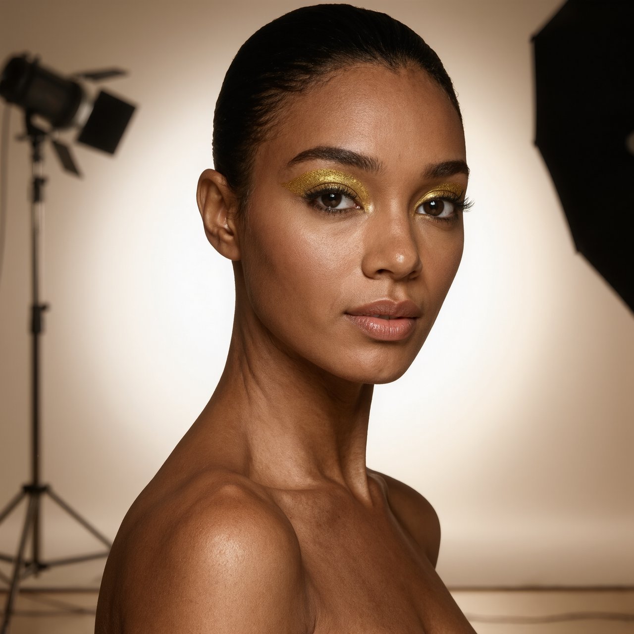 Beauty close-up of an adult woman with bronzed skin and gold eye makeup, bare shoulders, studio backlight halo, high-end campaign look. — Kling v3 Omni