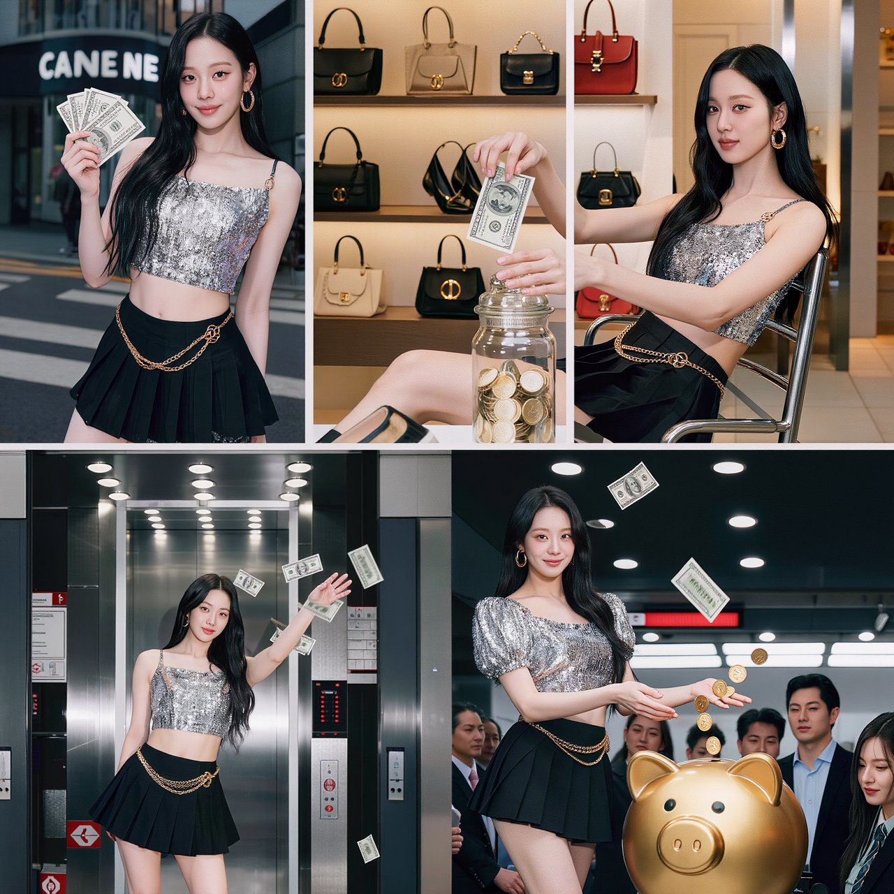 A pretty K-pop idol who is 19–21 years old at a music video shoot. The music video is for her hit song "돈 벌기" (Make Money). The setting of the music video relates to the song name. At least 4 scenes and many angles. — Kling v3