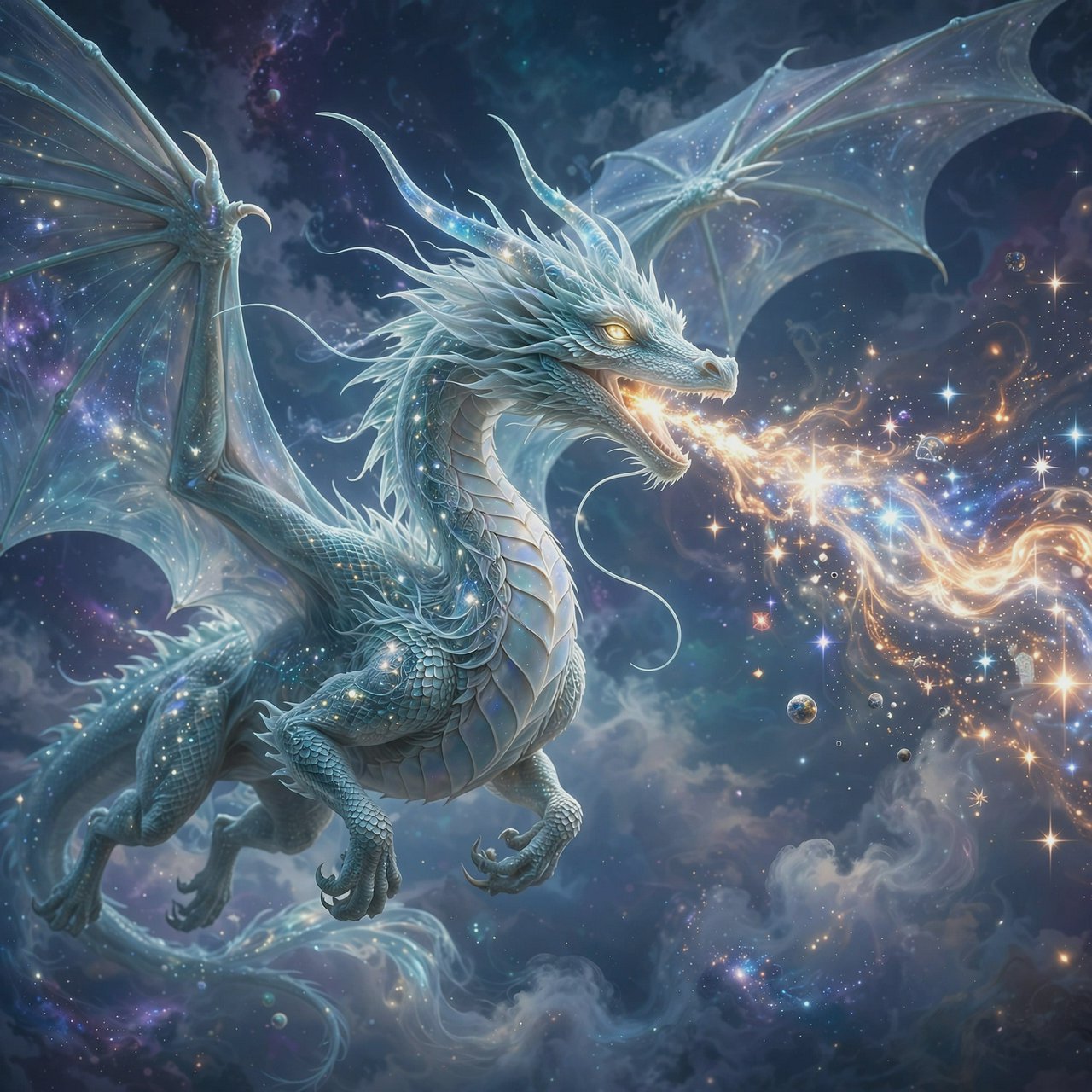 A beautiful, ethereal dragon flying through the skies breathing star flames. Detailed scales. — Muse Image 1.0