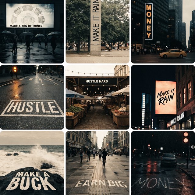 Messages and words related to making a ton of money, hidden in plain sight around the world. — Recraft v4 Pro
