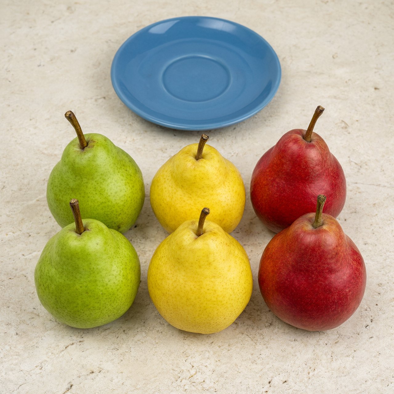 Exactly six ripe pears sit on a pale stone counter: two green pears on the left, two yellow pears in the center, and two red pears on the right. A small blue plate sits above the center pair, nothing else. — Qwen Image 3.0 Pro
