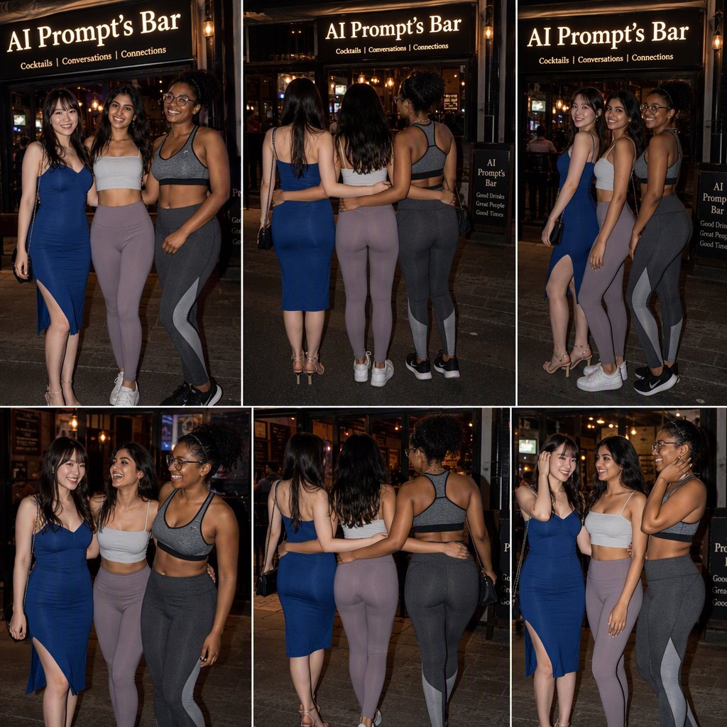 Photorealistic image, late at night. The image shows a pretty 21-year-old Japanese woman wearing a blue dress that fits her body. Next to her is a pretty 24-year-old Indian woman wearing a crop top and leggings that fit her. Another is a pretty Black woman, age 23–27, wearing gym wear and glasses. They are having a group photo in front of a bar called “AI Prompt’s Bar.” The image shows full front, back, and side views of the women. Vibe: busy friends who finally made time to hang out. — GPT Image 2