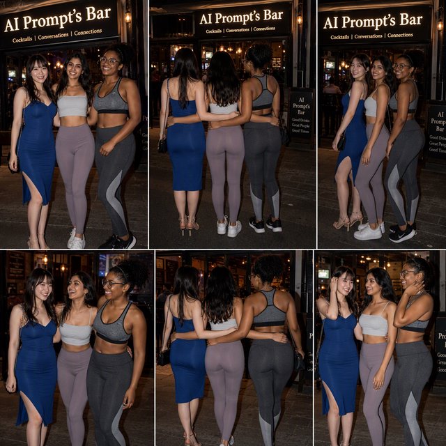 Photorealistic image, late at night. The image shows a pretty 21-year-old Japanese woman wearing a blue dress that fits her body. Next to her is a pretty 24-year-old Indian woman wearing a crop top and leggings that fit her. Another is a pretty Black woman, age 23–27, wearing gym wear and glasses. They are having a group photo in front of a bar called “AI Prompt’s Bar.” The image shows full front, back, and side views of the women. Vibe: busy friends who finally made time to hang out. — GPT Image 2
