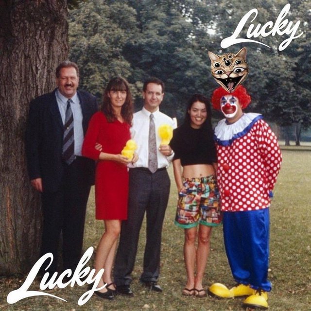 Realistic. Four to five adults having a very lucky day. One of the people is a clown with a very strange cat on their head. Another is wearing a black crop top and multicolored shorts. The word “Lucky” is seen at least twice in the background. — Krea 2 Large
