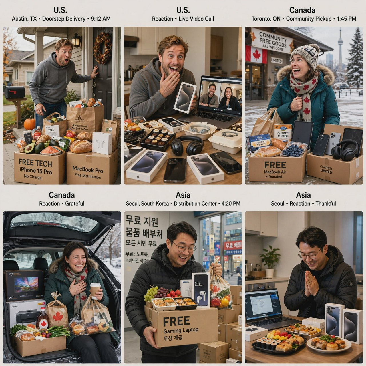 Realistic. Adults in the U.S., Canada, and Asia getting a ton of expensive free stuff (phones, PCs, nice food, and all kinds of other things). 4–6 panels. The adults react in the way one would expect as a result. — Muse Image 1.0