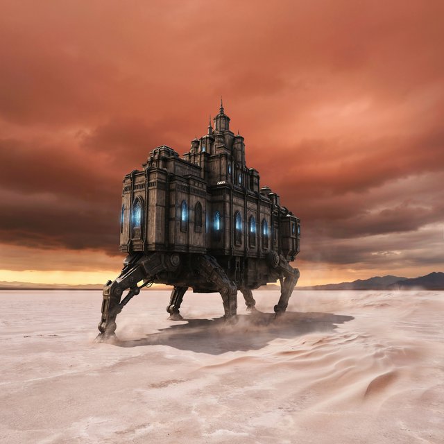 A colossal walking citadel crosses a salt desert, its ironwood legs striding through windblown dunes beneath a copper storm. Blue furnace light leaks from carved windows, casting a long shadow toward distant mountains. — Ideogram v4.5